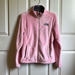 Pink fuzzy zip up north face jacket